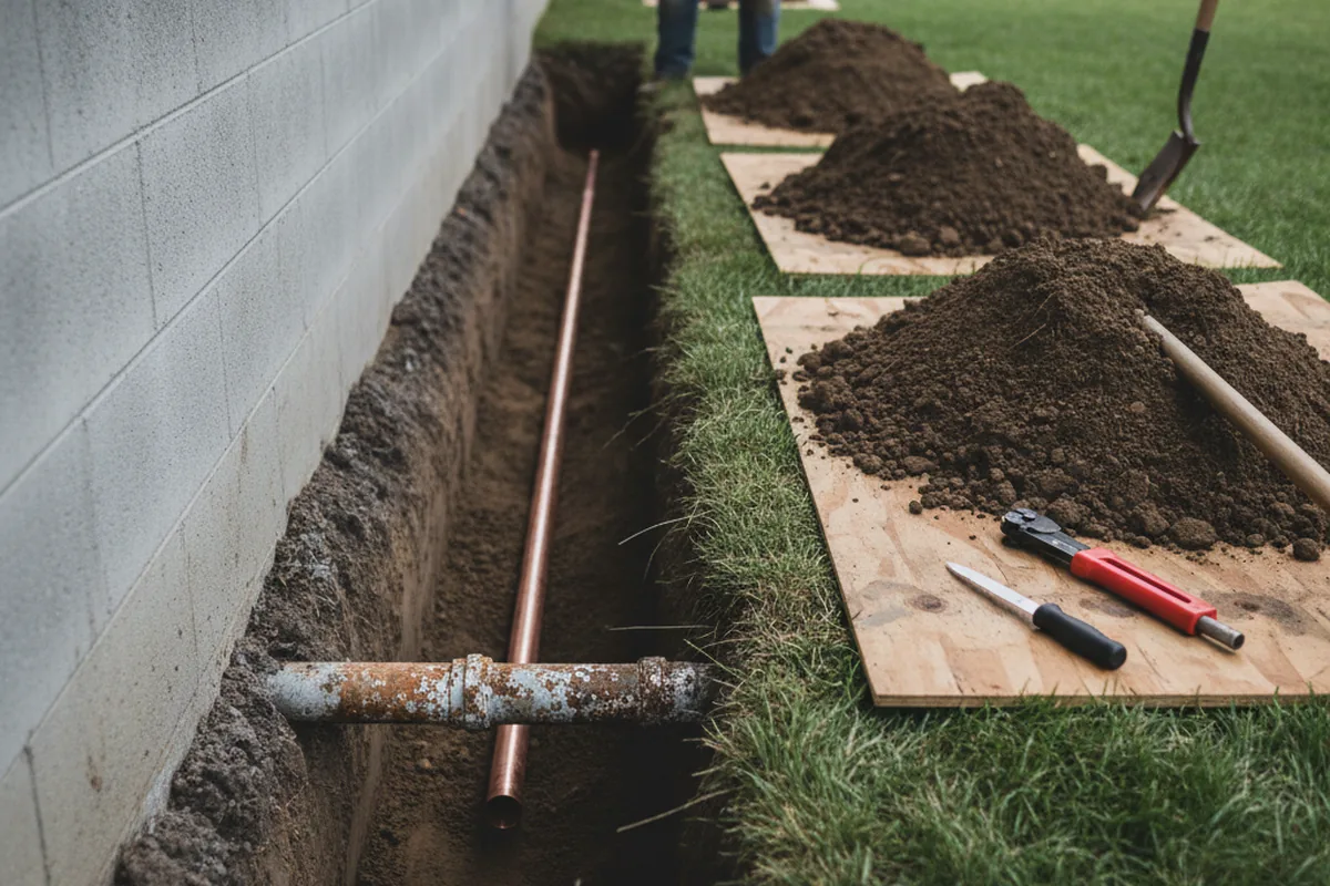 Excavated water line trench during Water Heater Repair in Taylor